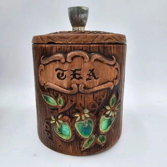 Vintage Treasure Craft US Canister Set - Flour Coffee Tea - Wood Look Ceramic wi - Picture 12 of 14